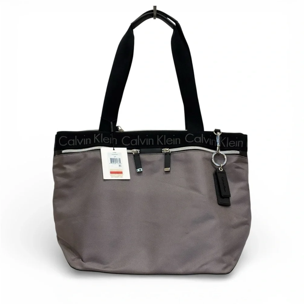 Calvin Klein Large Nylon Zip Tote Bag Gunmetal Gray Logo Straps Travel Work NEW